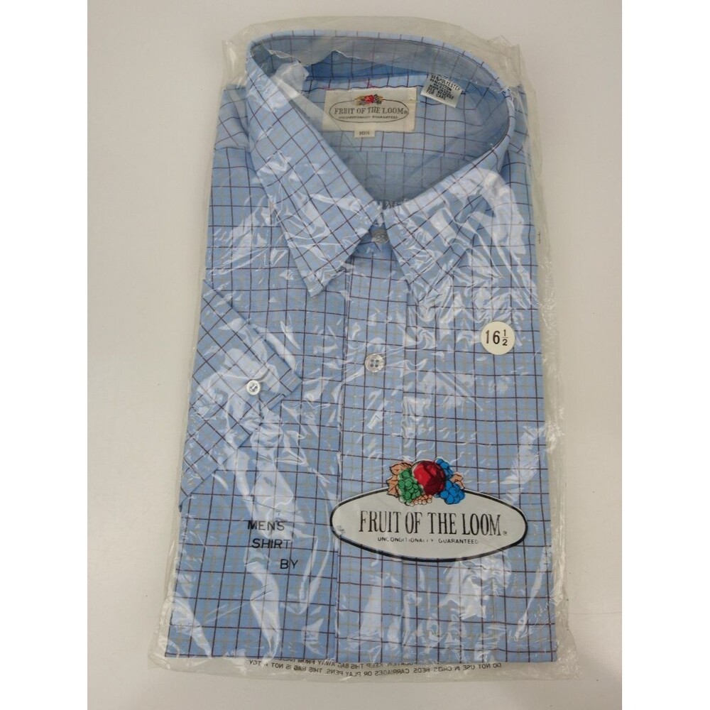 VTG 70's Fruit of The Loom Button Front Shirt Blue Plaid Short Sleeve Size 16.5